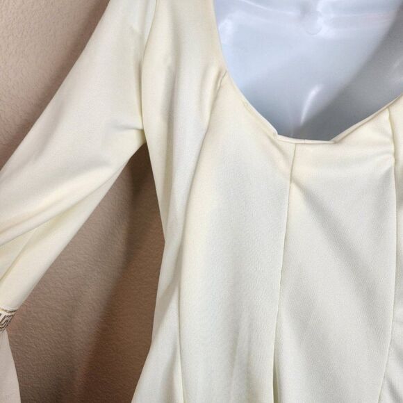 Vintage 60s Mod Dress Size S Ivory Gold Grecian Greek Key Wedding Flounce Sleeve - Picture 10 of 11